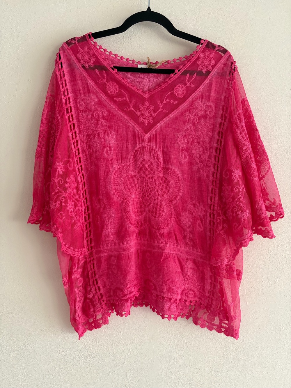 Women’s Hot Pink Embroidered Crochet Tunic Top